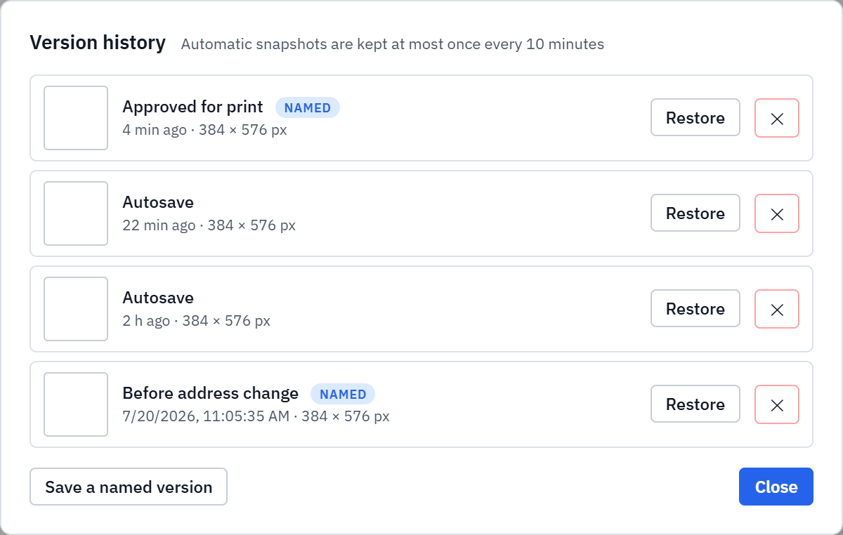 The Label Toolkit version history dialog listing snapshots such as Approved for print and Autosave with timestamps and Restore buttons.