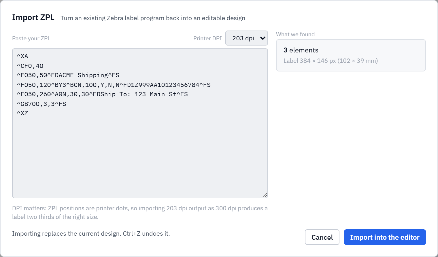 The Label Toolkit ZPL import dialog: a ZPL program pasted into a text box, a printer DPI selector, and a summary reading 3 elements found at 384 by 146 pixels.