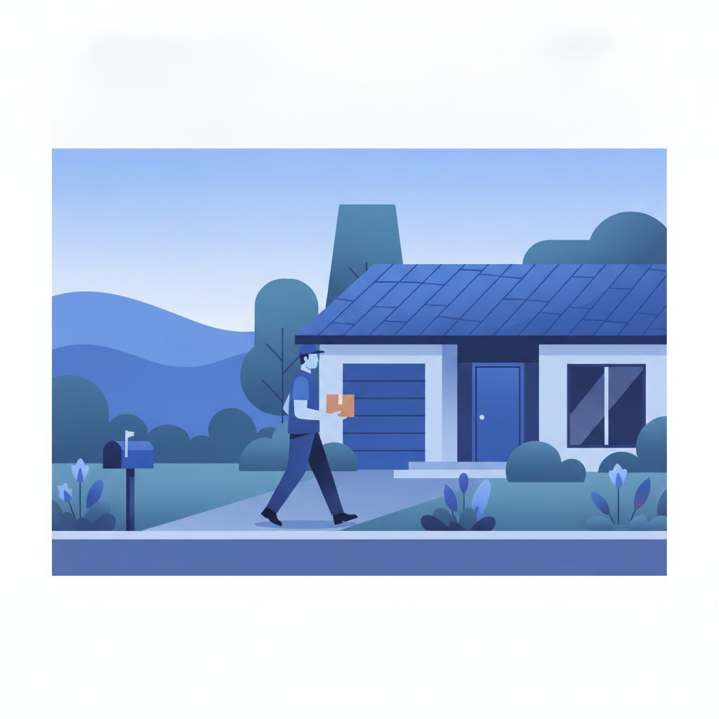 a USPS mail carrier walking up a suburban driveway on a quiet weekend morning carrying a small package
