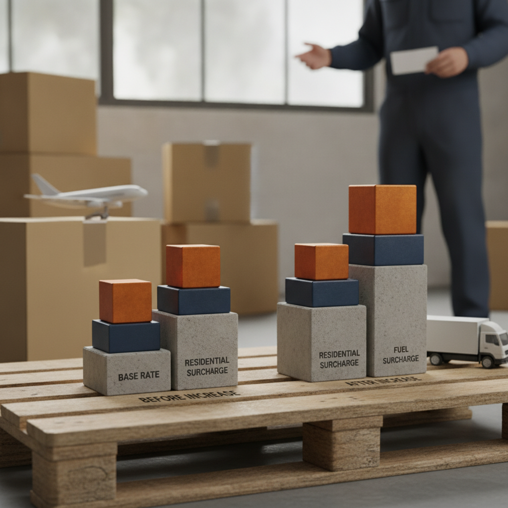 stacked bar chart concept showing a shipping label cost split into base rate, residential surcharge and fuel surcharge before and after a price increase, no text