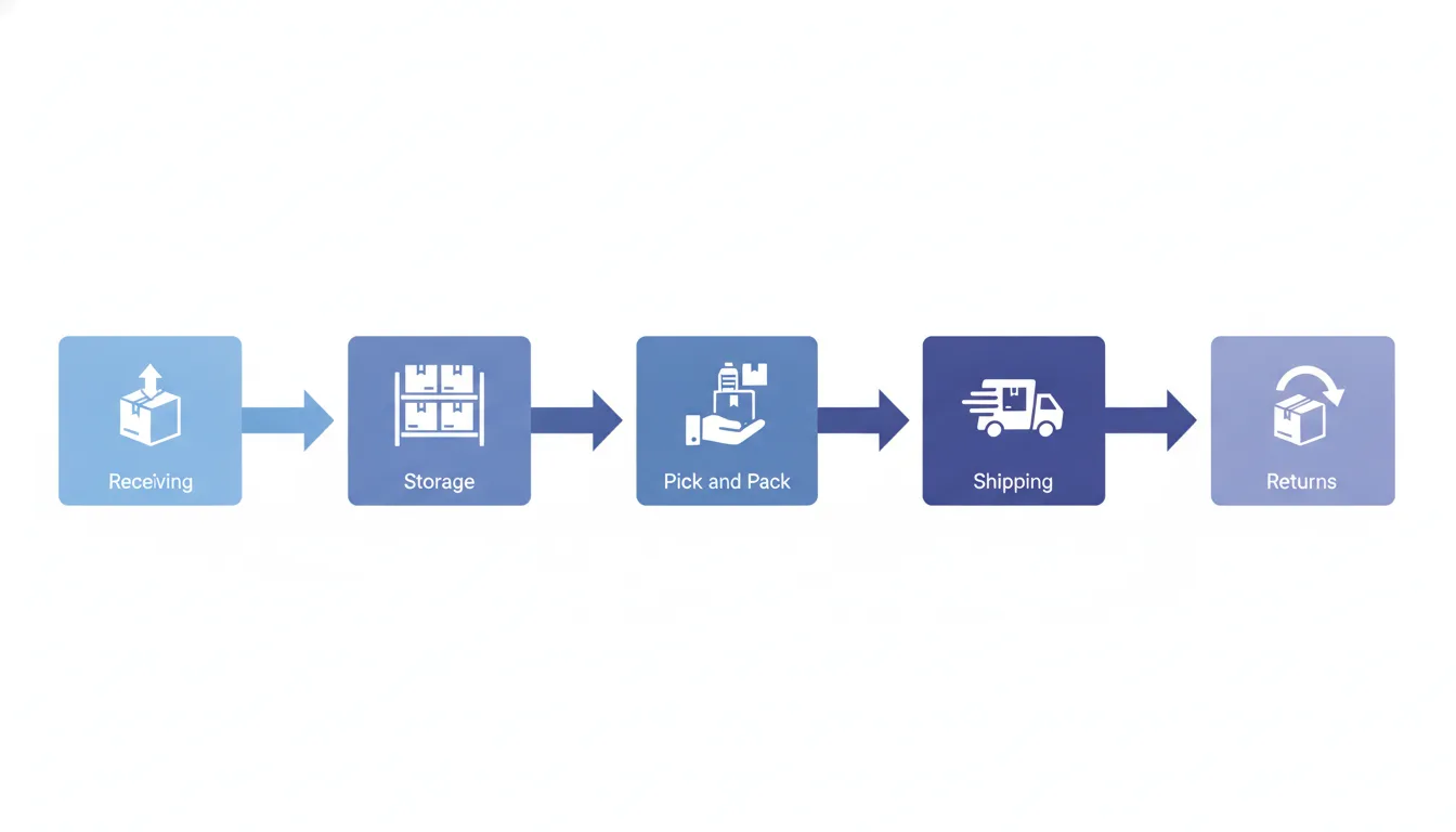 Diagram showing the five 3PL fulfillment steps in order: receiving arrow to storage arrow to pick and pack arrow to shipping arrow to returns, with icons for each step