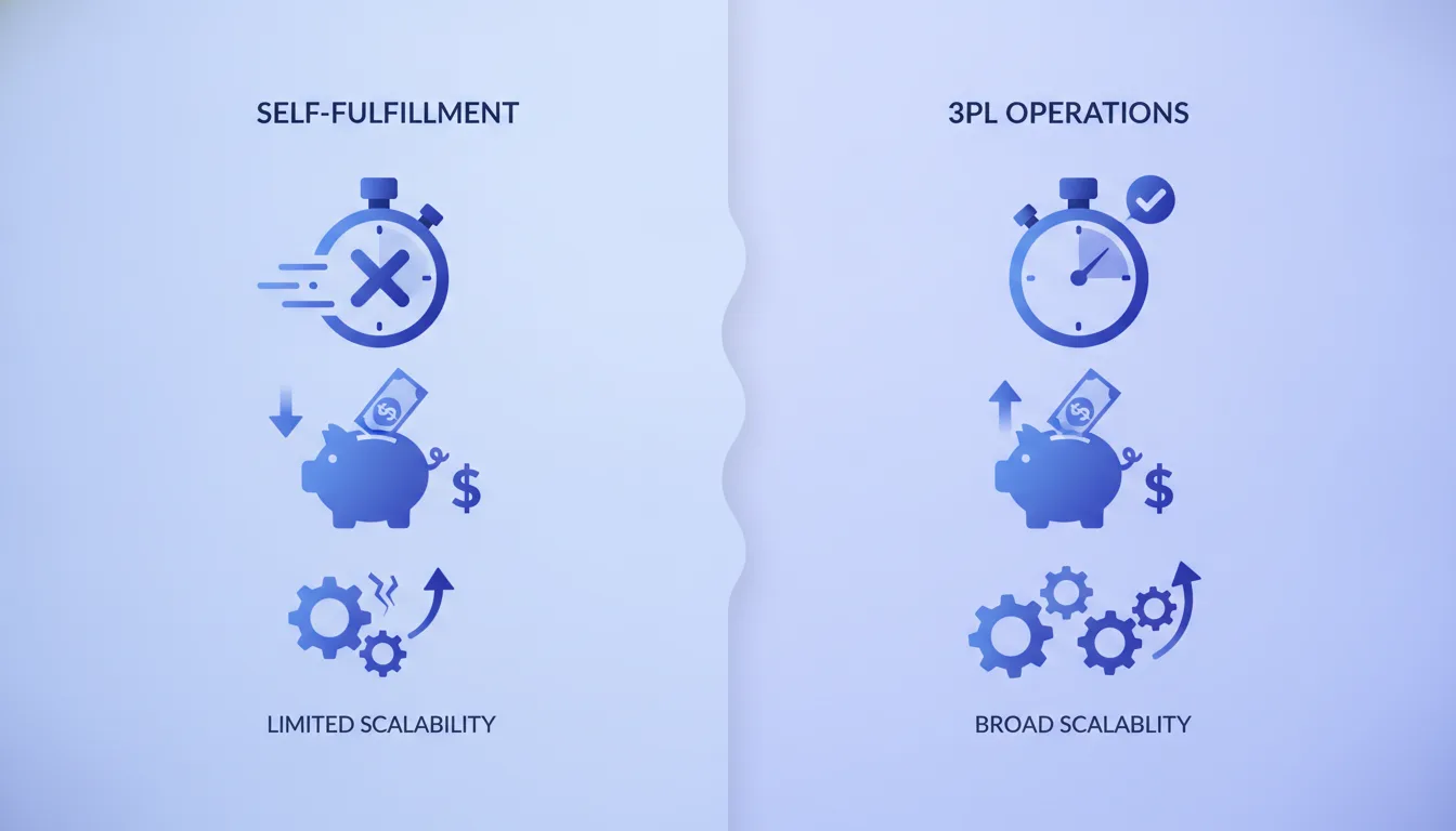 Side-by-side comparison of self-fulfillment versus 3PL operations showing time, cost and scalability factors, no text in image
