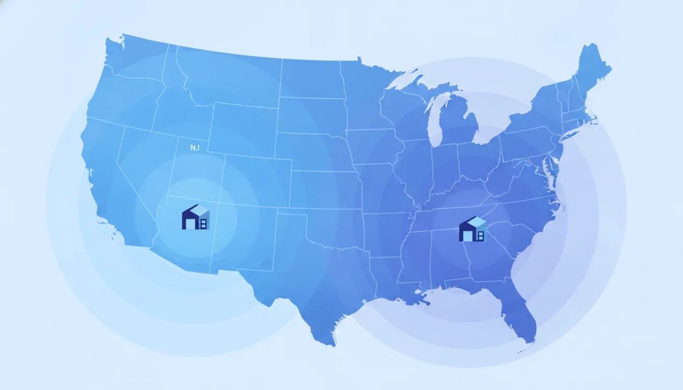 A U.S. map showing three warehouse locations (NJ, CA, IL) with shipping zone rings radiating outward to illustrate zone distribution for a typical brand