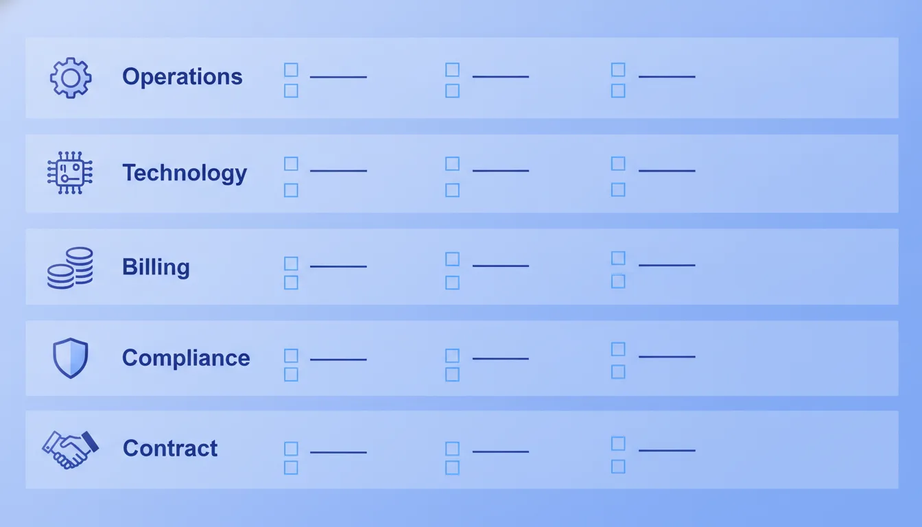 A checklist graphic showing the six evaluation areas (Operations, Technology, Billing, Capacity, Compliance, Contract) with checkboxes beside each of the 15 questions