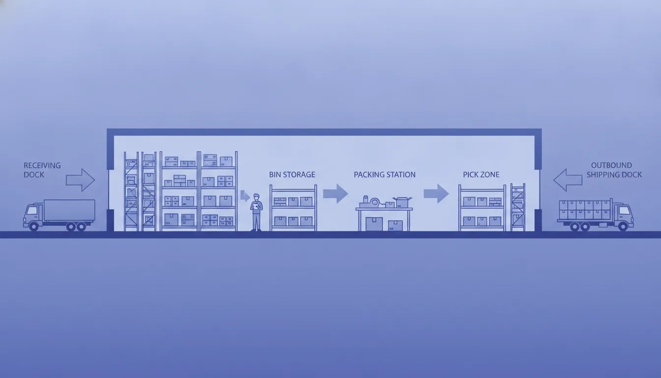 A labeled diagram of a fulfillment warehouse showing receiving dock, bin storage, pick zone, packing station, and outbound shipping dock