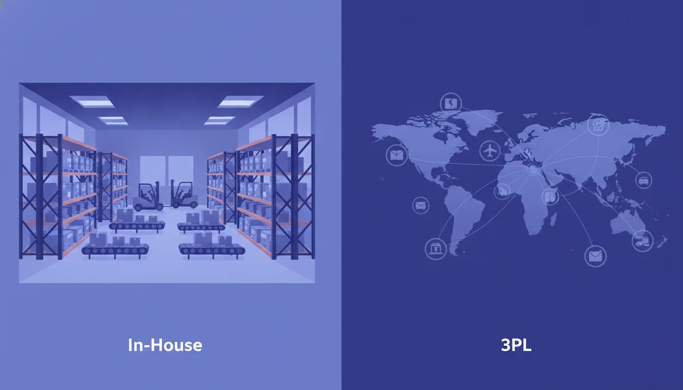 A side-by-side split graphic showing a warehouse interior on the left labeled In-House and a fulfillment center network map on the right labeled 3PL, no text overlays