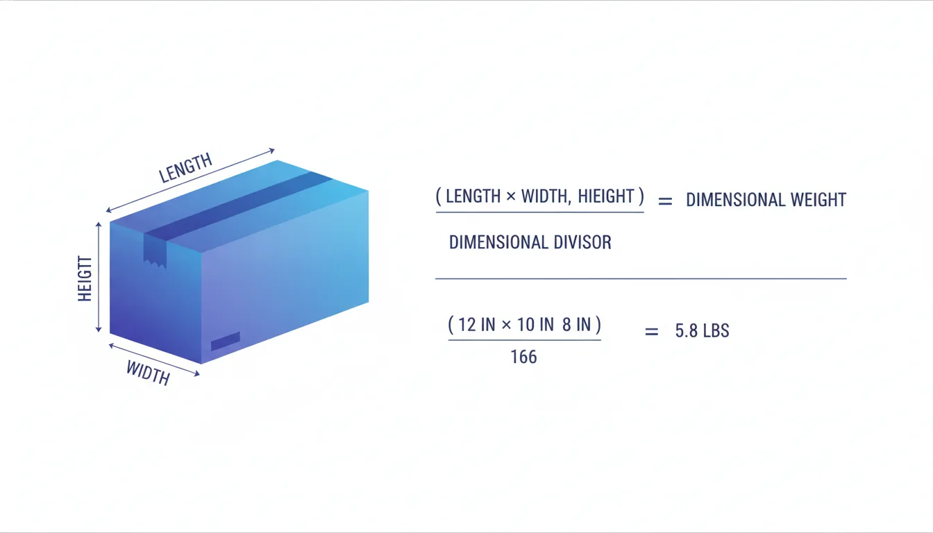 A diagram showing the dimensional weight formula with a sample box measurement, no text beyond variable labels