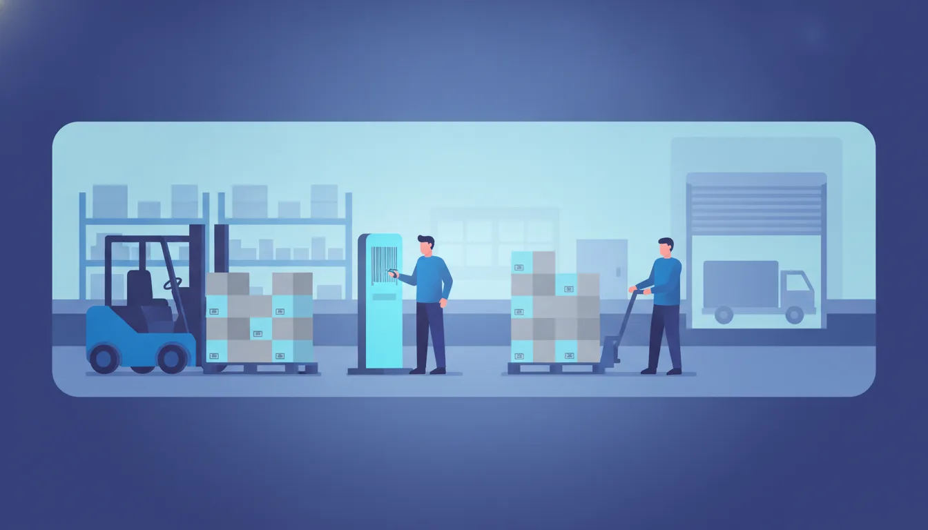 A warehouse receiving dock with pallets being scanned into a WMS terminal, no text in the image
