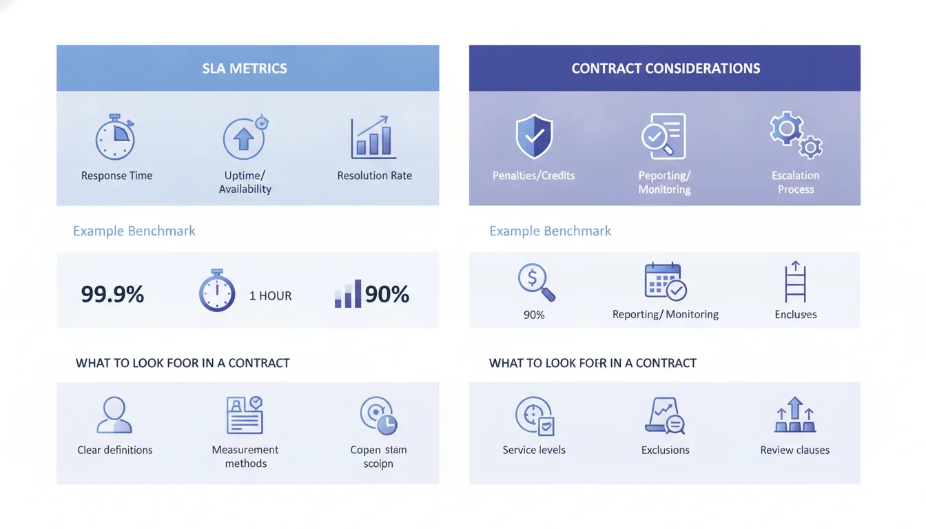 A side-by-side comparison table of SLA metrics with example benchmark values and what to look for in a contract