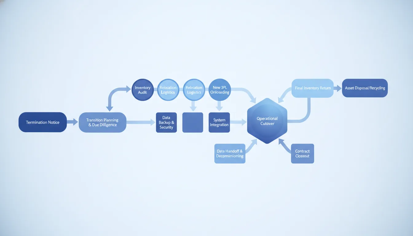 A flowchart showing the steps from termination notice to final inventory return and data handoff in a 3PL transition