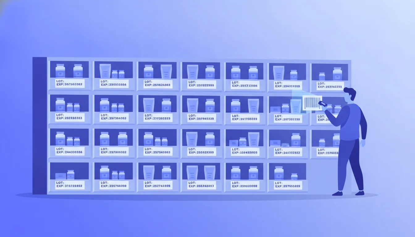 A warehouse bin wall showing labeled supplement inventory bins with lot numbers and expiry dates visible on bin cards, picker scanning a barcode
