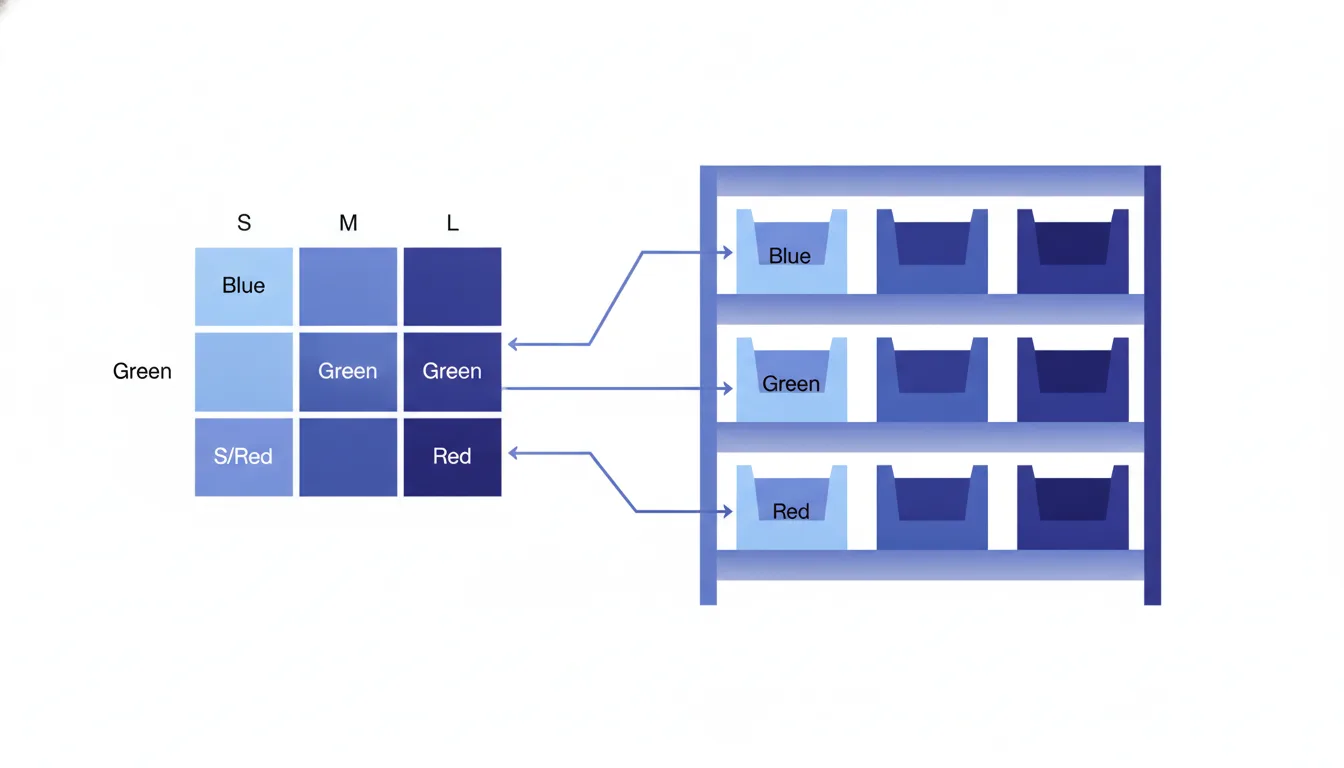 A warehouse slotting diagram showing a size-color matrix for a single apparel style mapped to bin locations on a shelving unit