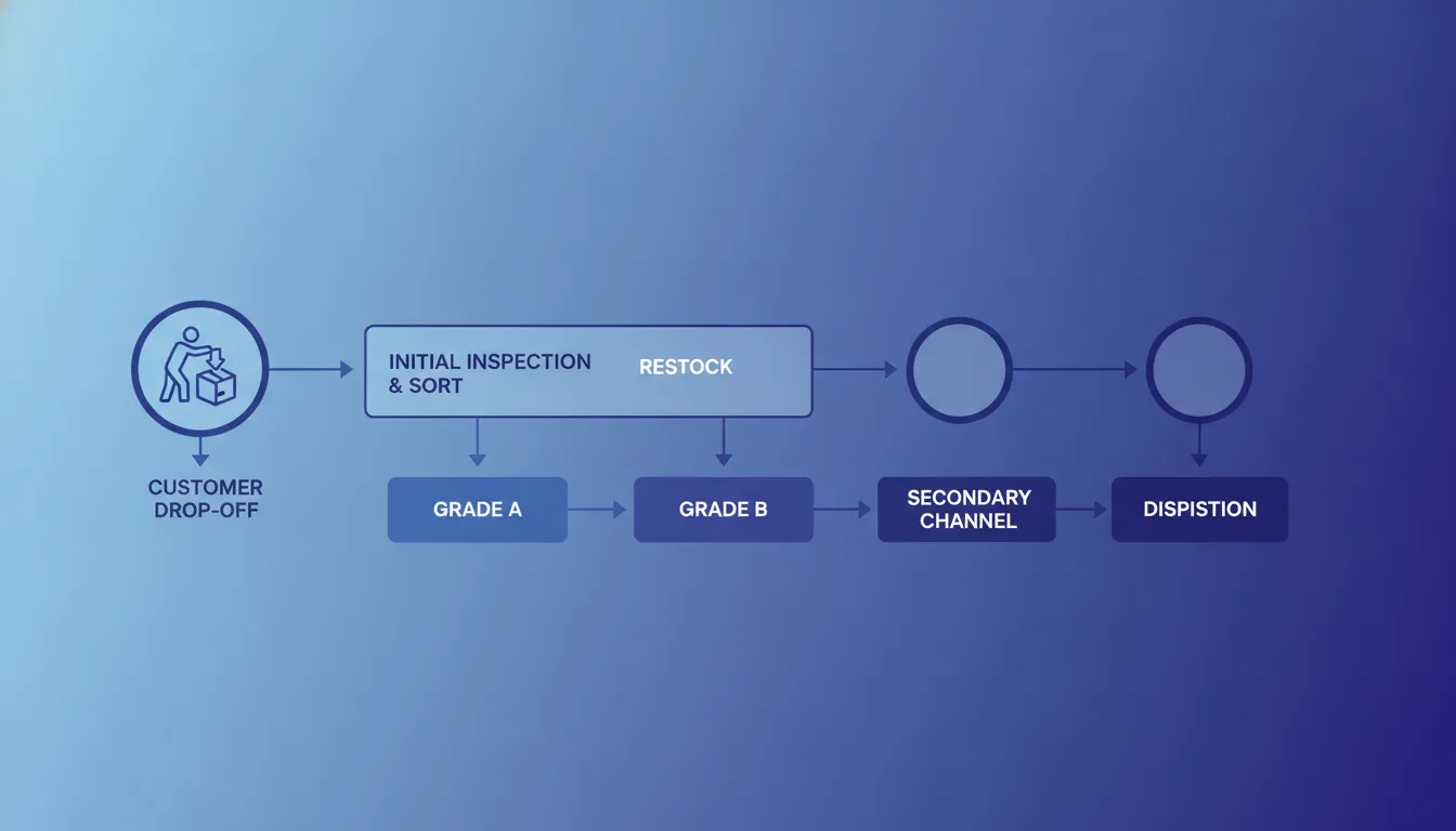 A flowchart showing the apparel returns grading workflow from customer drop-off through Grade A restock, Grade B secondary channel routing and Grade C disposition