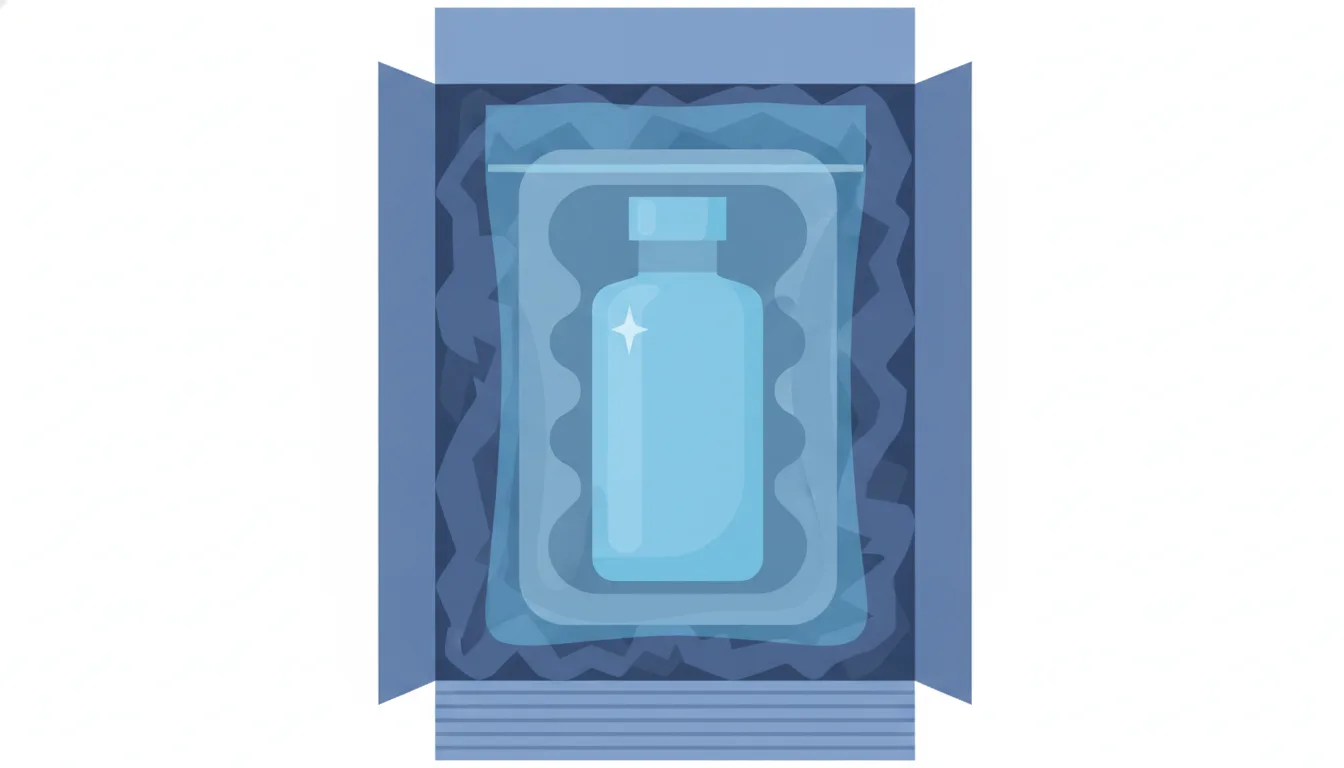 Cross-section diagram of a properly packed beauty shipment showing glass bottle in molded pulp insert, poly bag, kraft void fill, and right-sized corrugated carton
