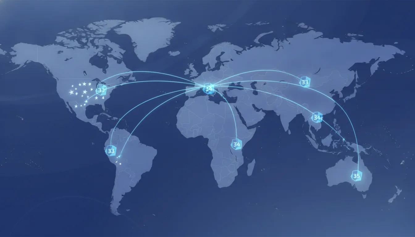 World map with highlighted shipping lanes from U.S. fulfillment centers to key international beauty markets, with HS code chapter labels