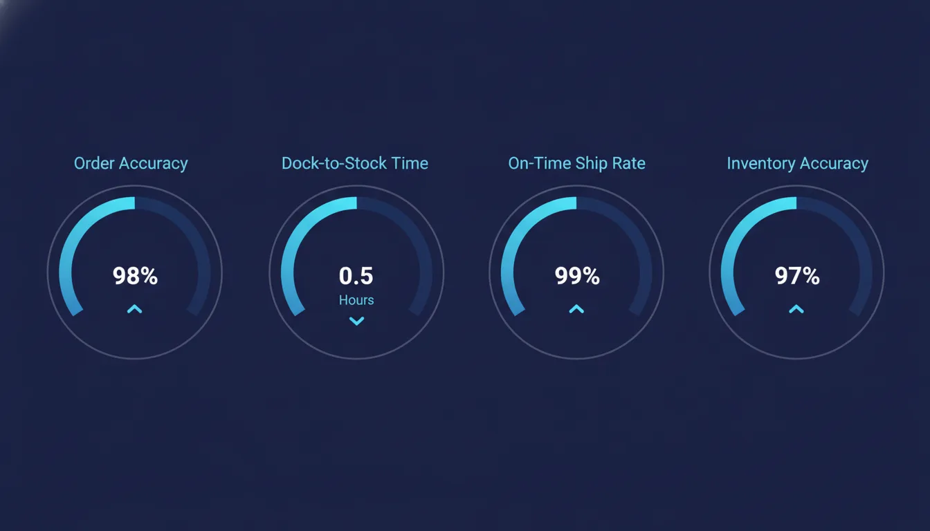 A side-by-side dashboard showing four fulfillment KPI gauges (order accuracy, dock-to-stock time, on-time ship rate, inventory accuracy) with trend arrows, no text overlay