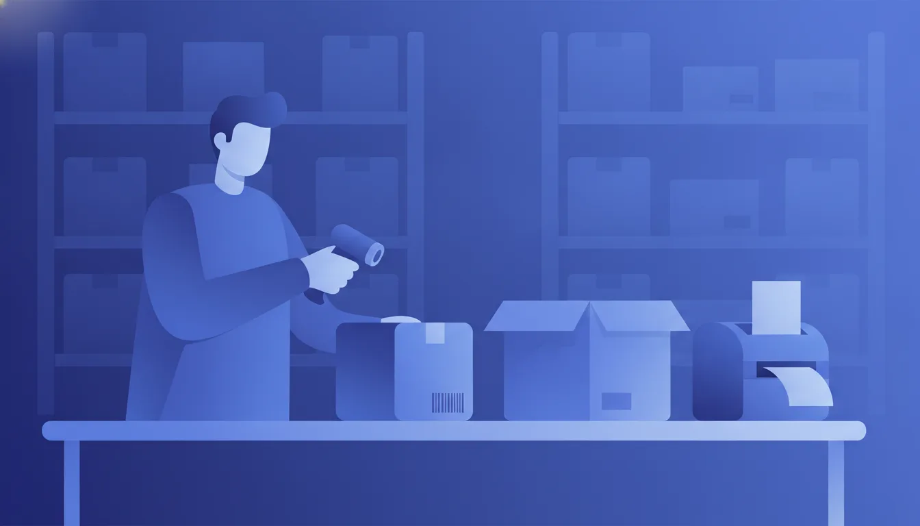 A warehouse packing station showing a packer scanning a barcode on a product next to a shipping box and label printer, no text in the image