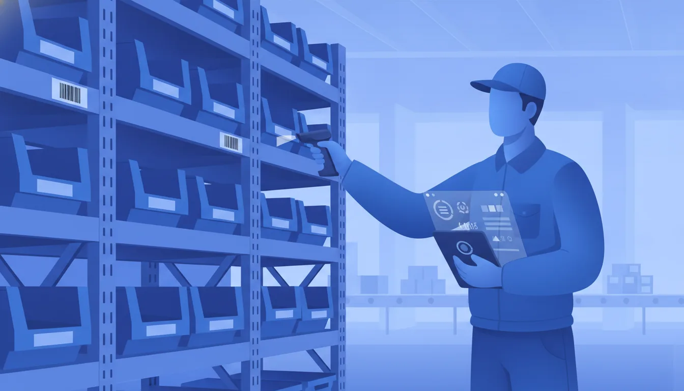 Warehouse worker scanning a barcode on a shelf bin at a pick face, with a handheld scanner and WMS display visible