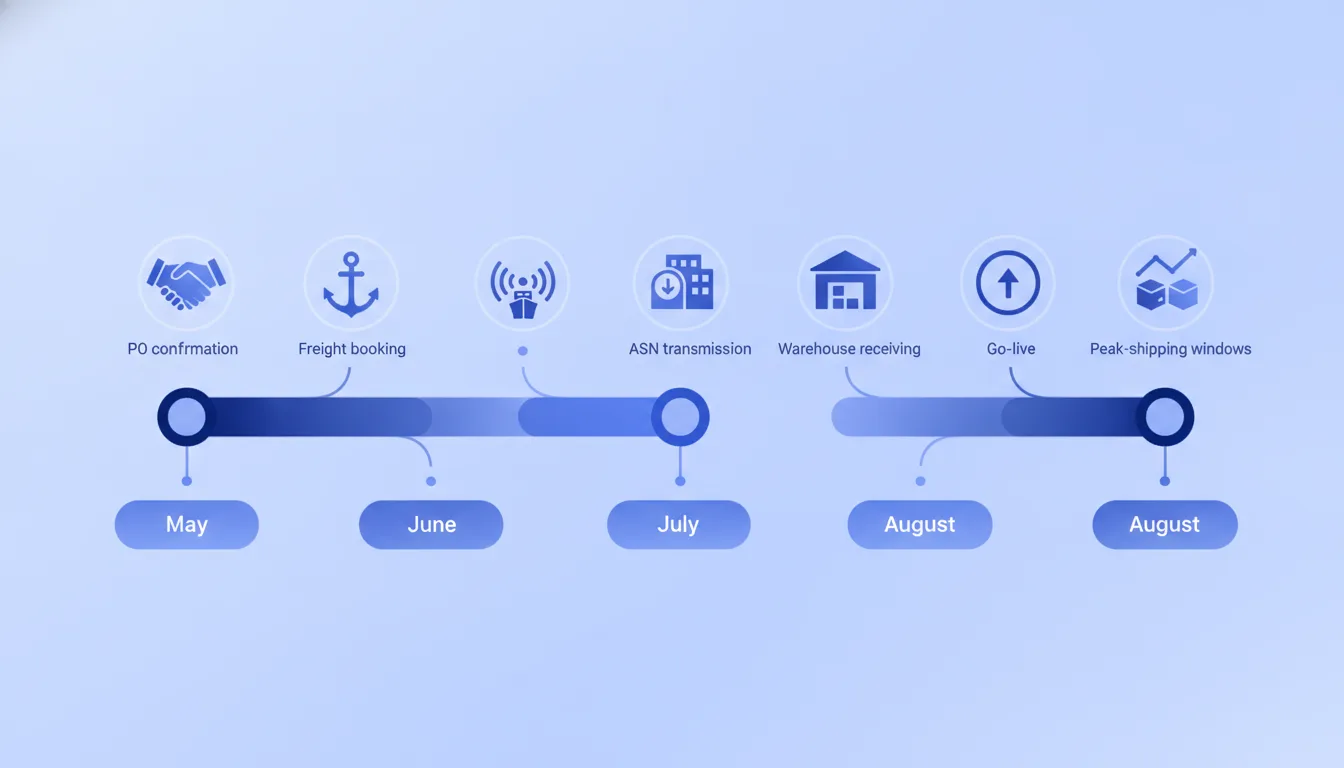 A horizontal timeline graphic showing key dates from May through August 2026, marking PO confirmation, freight booking, ASN transmission, warehouse receiving, go-live and peak-shipping windows