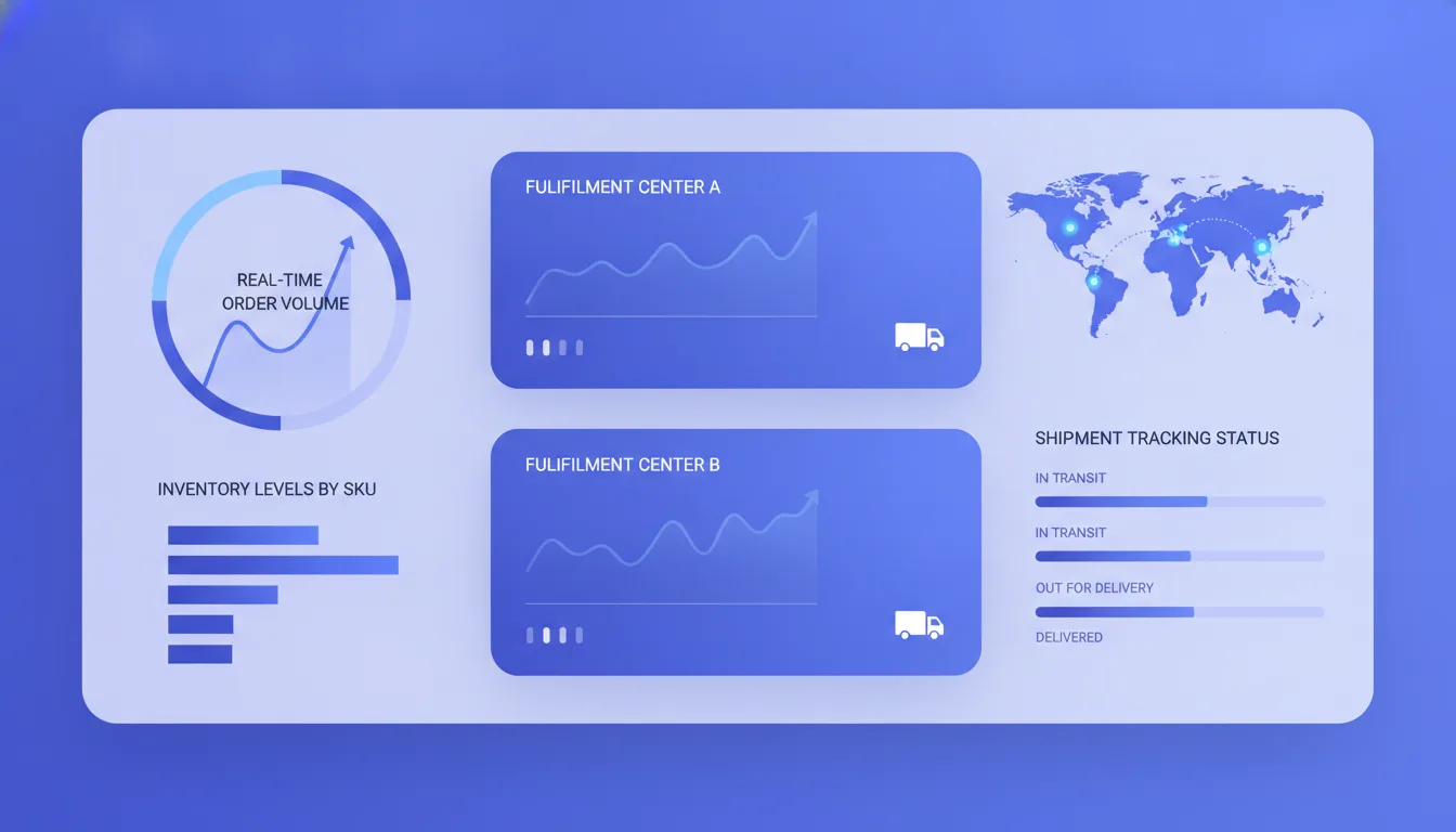A dashboard mockup showing real-time order volume, inventory levels by SKU and shipment tracking status across two fulfillment center locations