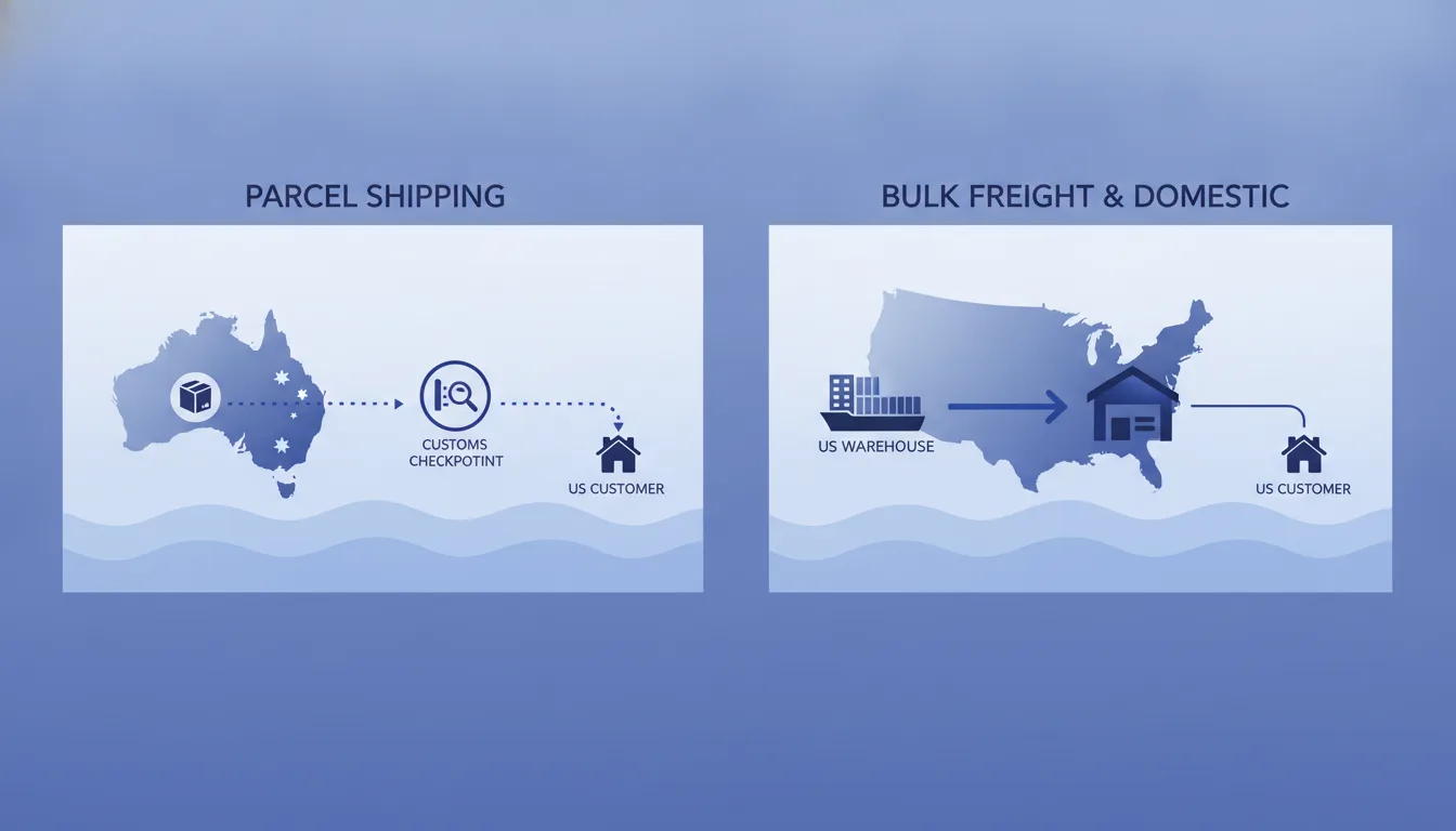 Side-by-side diagram showing two shipping paths: left side shows a parcel traveling from Australia to a US customer with customs checkpoint at the border; right side shows bulk freight to a US warehouse and domestic delivery to the same customer