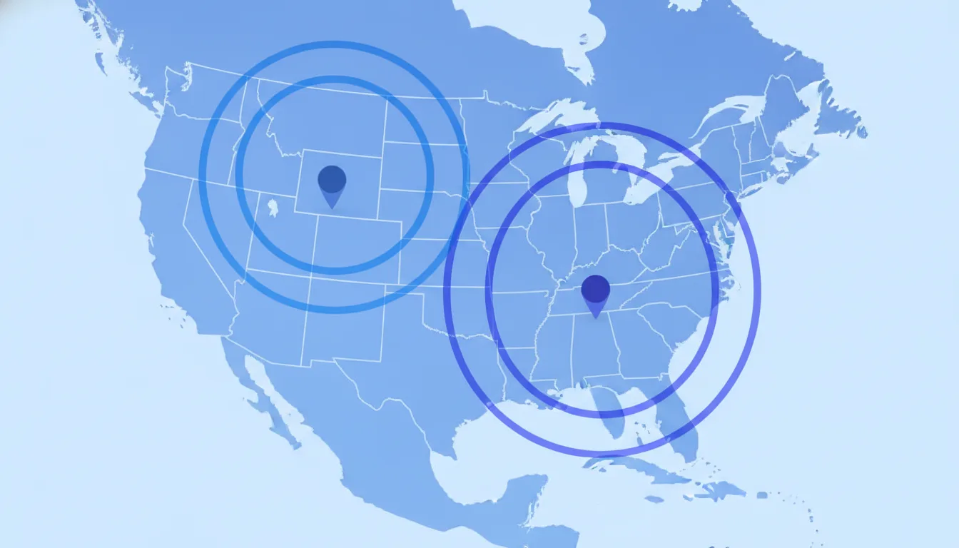 Map of continental USA with markers on New Jersey and California, with delivery radius rings illustrating typical two-to-five-day domestic shipping coverage from each location