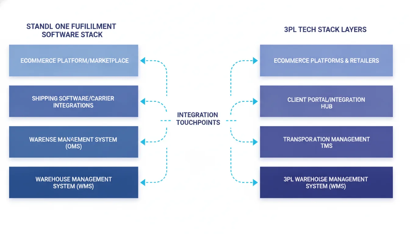 Side-by-side comparison diagram showing standalone fulfillment software stack versus 3PL tech stack layers, with integration touchpoints highlighted