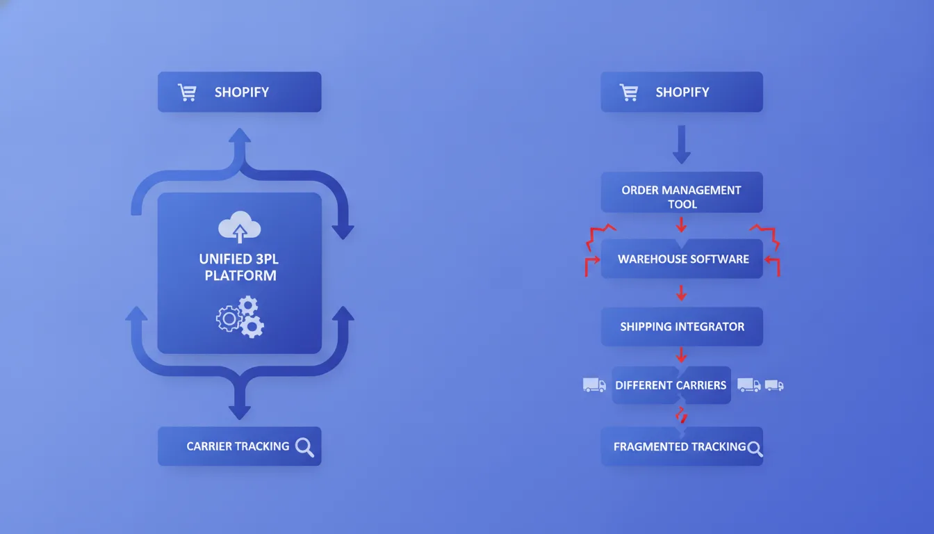 Flowchart showing order journey from Shopify through a unified 3PL platform to carrier tracking, contrasted with a fragmented multi-tool stack showing multiple integration failure points