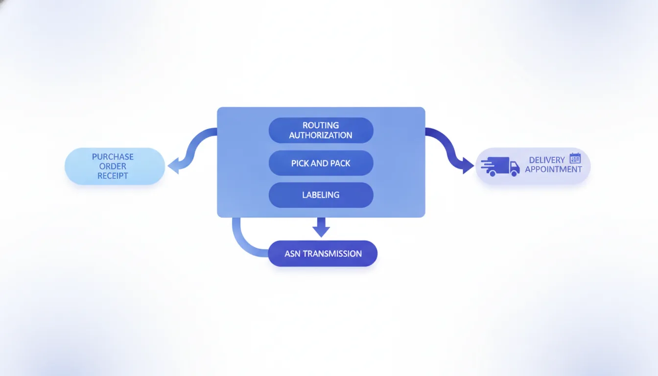 A simplified diagram showing a vendor routing guide workflow from purchase order receipt through routing authorization, pick and pack, labeling, ASN transmission and delivery appointment