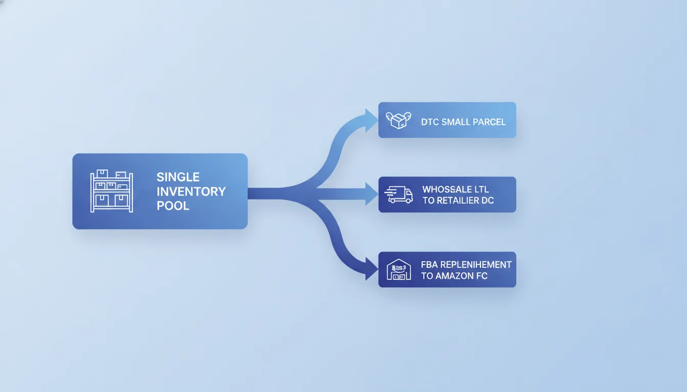 A flowchart showing a single inventory pool at a fulfillment center splitting into three outbound channels: DTC small parcel, wholesale LTL to retailer DC, and FBA replenishment to Amazon FC