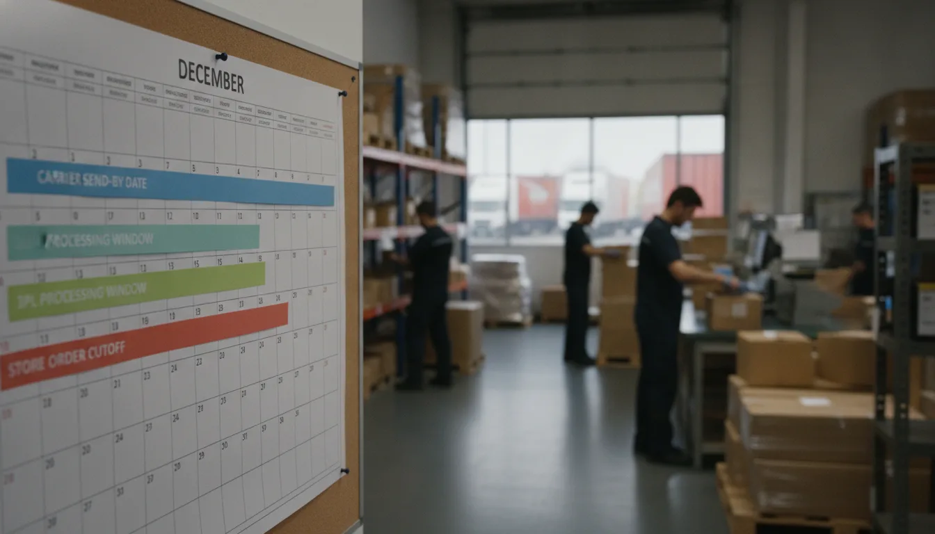 A timeline diagram showing carrier send-by date, 3PL processing window and store order cutoff layered on a December calendar, no text in the image