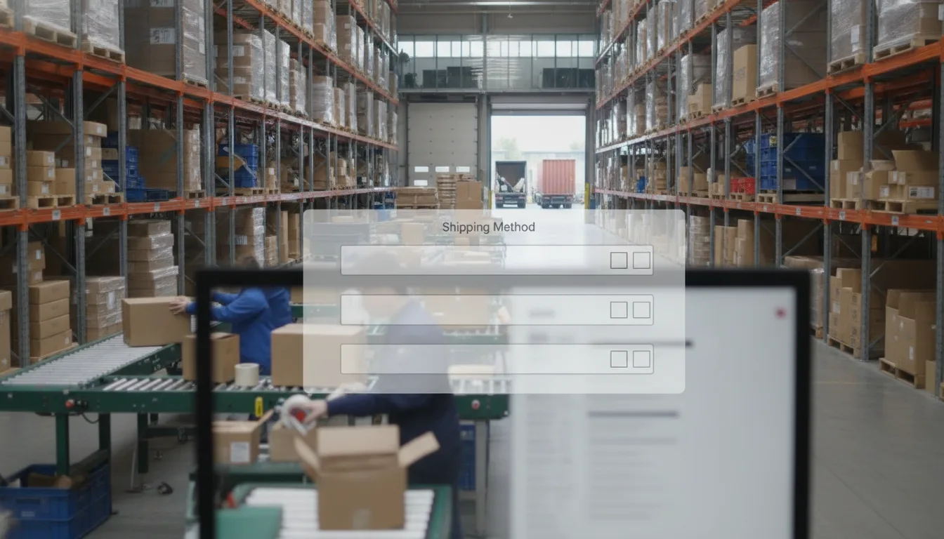 A product page wireframe showing shipping method selector with cutoff dates and estimated delivery dates next to each option, no text in the image