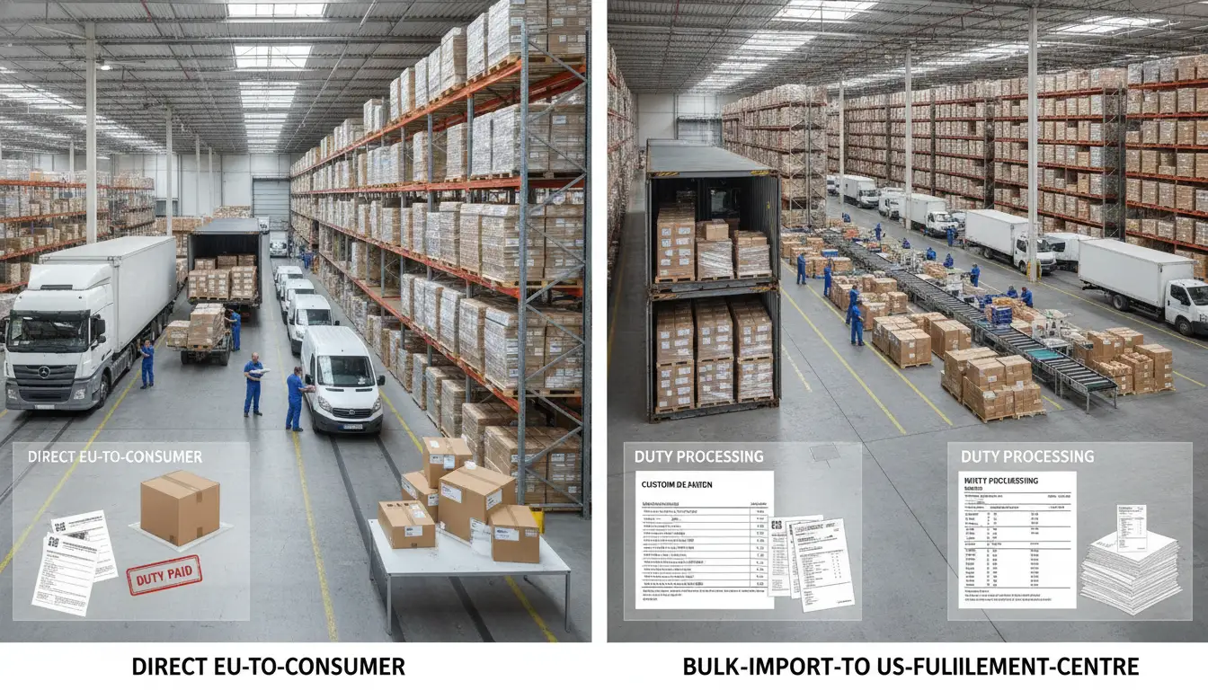 Side-by-side diagram comparing direct EU-to-consumer parcel shipping with the bulk-import-to-US-fulfilment-centre model, showing duty events and delivery flow