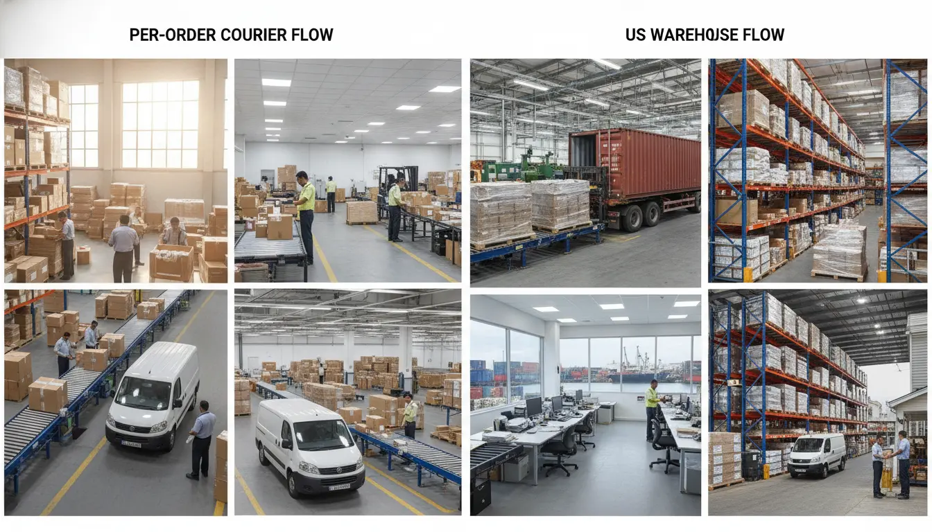 A simple two-column diagram showing per-order courier flow (India warehouse to courier to US customs to customer) versus US warehouse flow (India manufacturer to freight forwarder to US customs to US warehouse to customer)